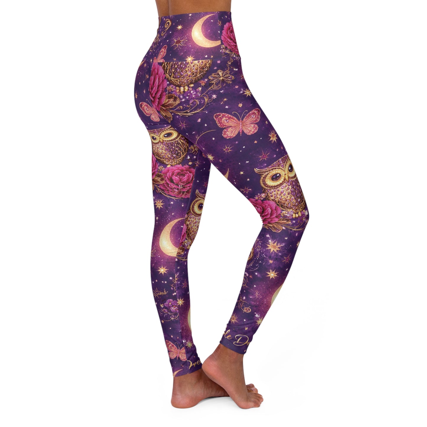 Owl Moon High-Waist Yoga Leggings — Floral Night Sky Print