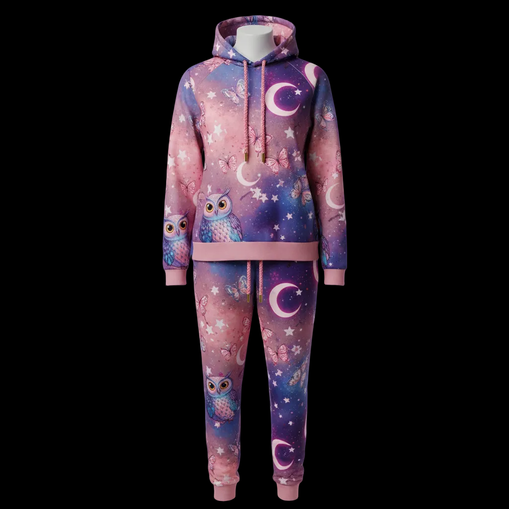 Colorful hoodie and pants set with owl and moon designs on a blue fabric background