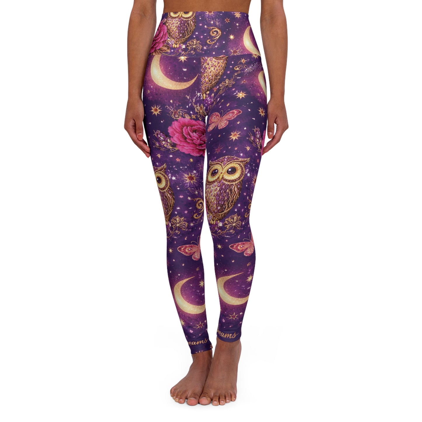 Owl Moon High-Waist Yoga Leggings — Floral Night Sky Print