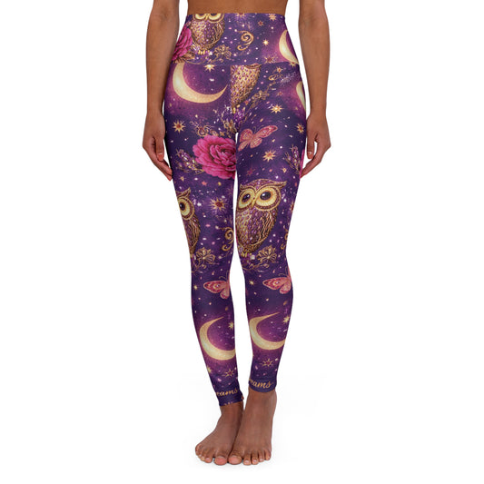 Owl Moon High-Waist Yoga Leggings — Floral Night Sky Print