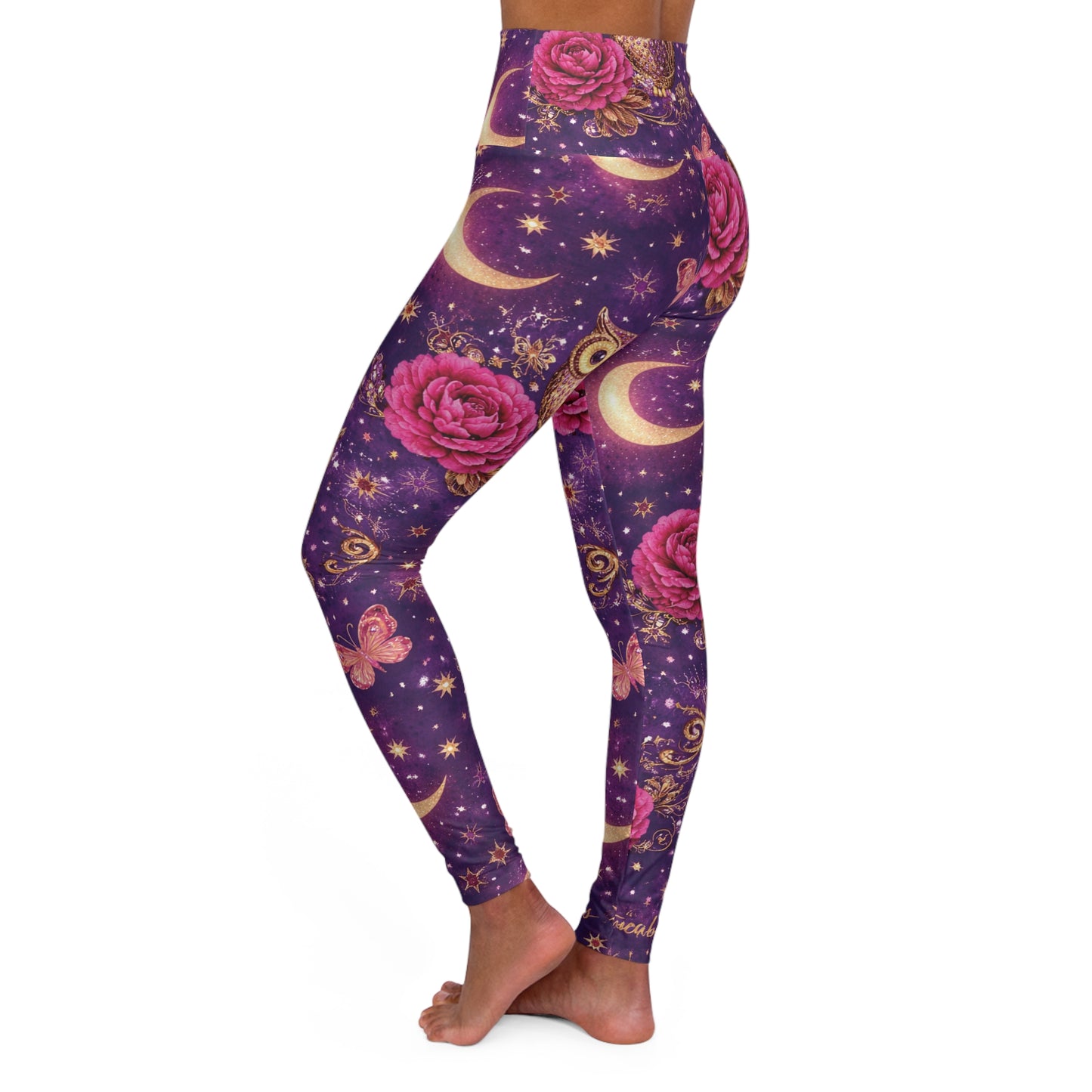 Owl Moon High-Waist Yoga Leggings — Floral Night Sky Print