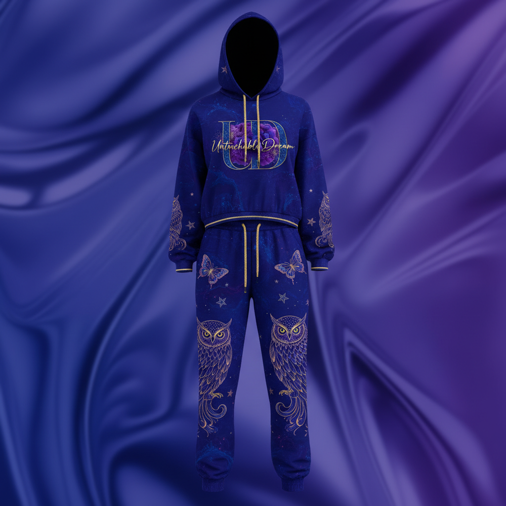 Blue hoodie and pants set with owl designs on a matching blue background
