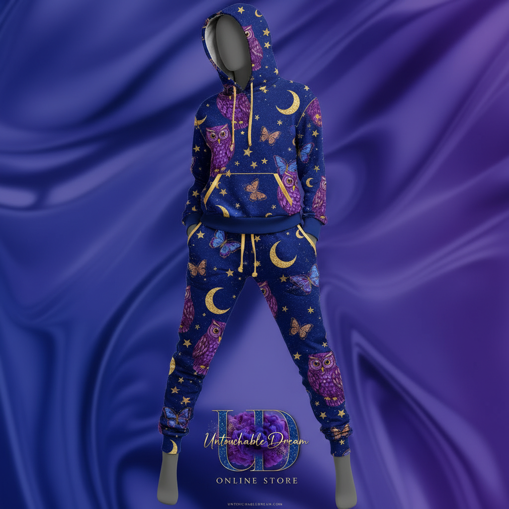 Blue tracksuit with celestial pattern on a blue fabric background