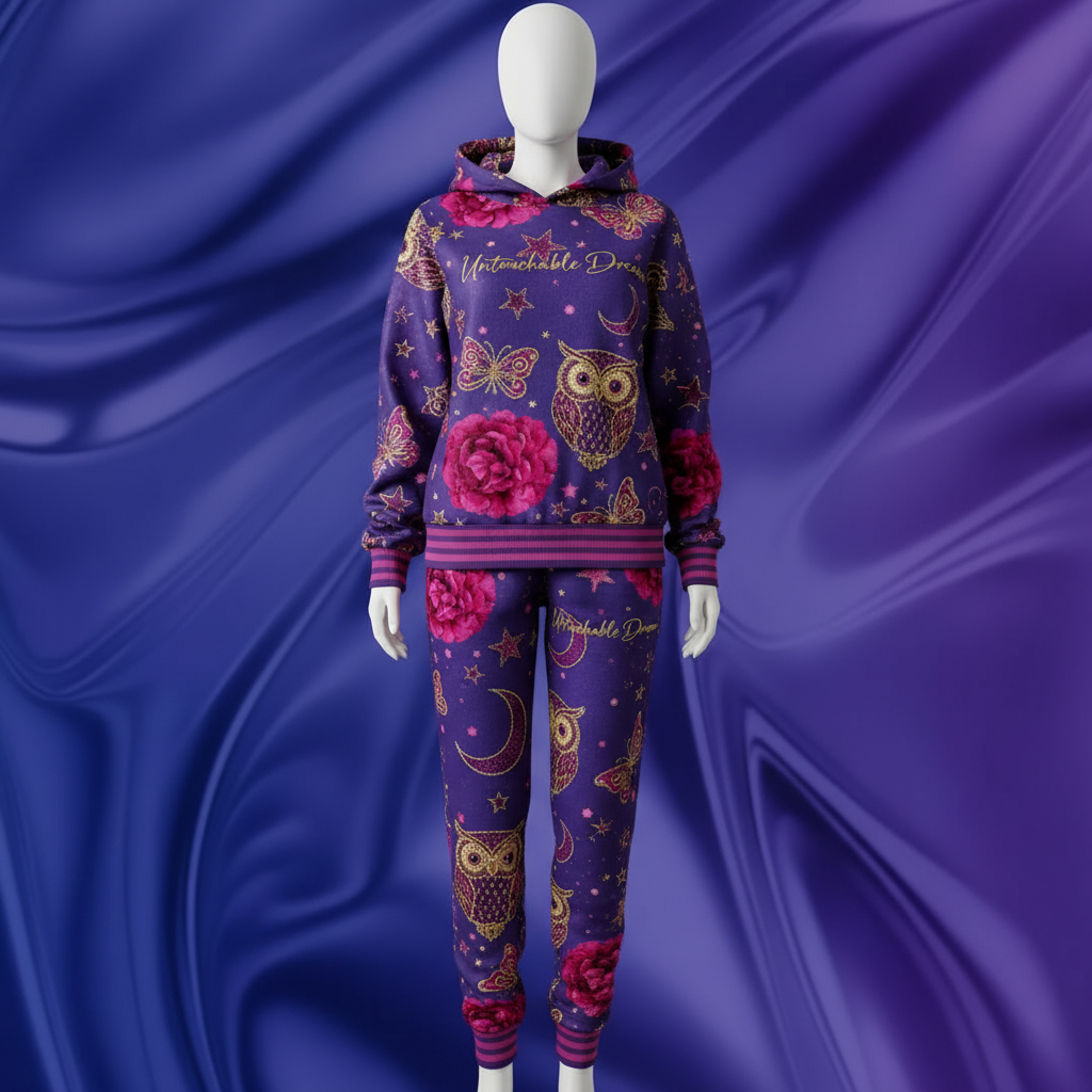 Colorful hoodie and pants set with owl and floral patterns on a purple fabric background